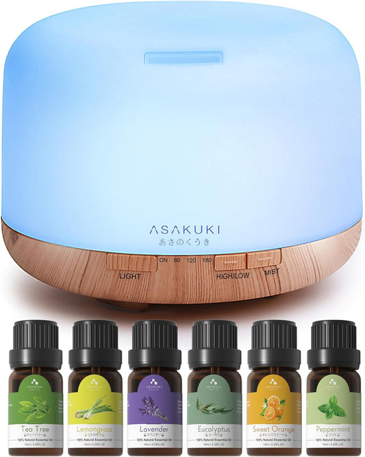 ASAKUKI Oil Diffuser with Essential Oils Set, 500ml Aromatherapy Humidifier with 14 LED Colors & Auto Shut-Off - 6 Oil Gift Pack(Lavender Eucalyptus Tea Tree Orange Peppermint Lemongrass)