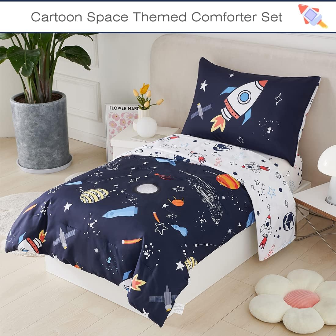 PERFEMET Twin Comforter Set 4 Piece Kids Space Rockets Comforter Bed in A Bag Soft Reversible Dark Blue Outer Space Themed Bed Set(Dark Blue, Planet/Rocket)