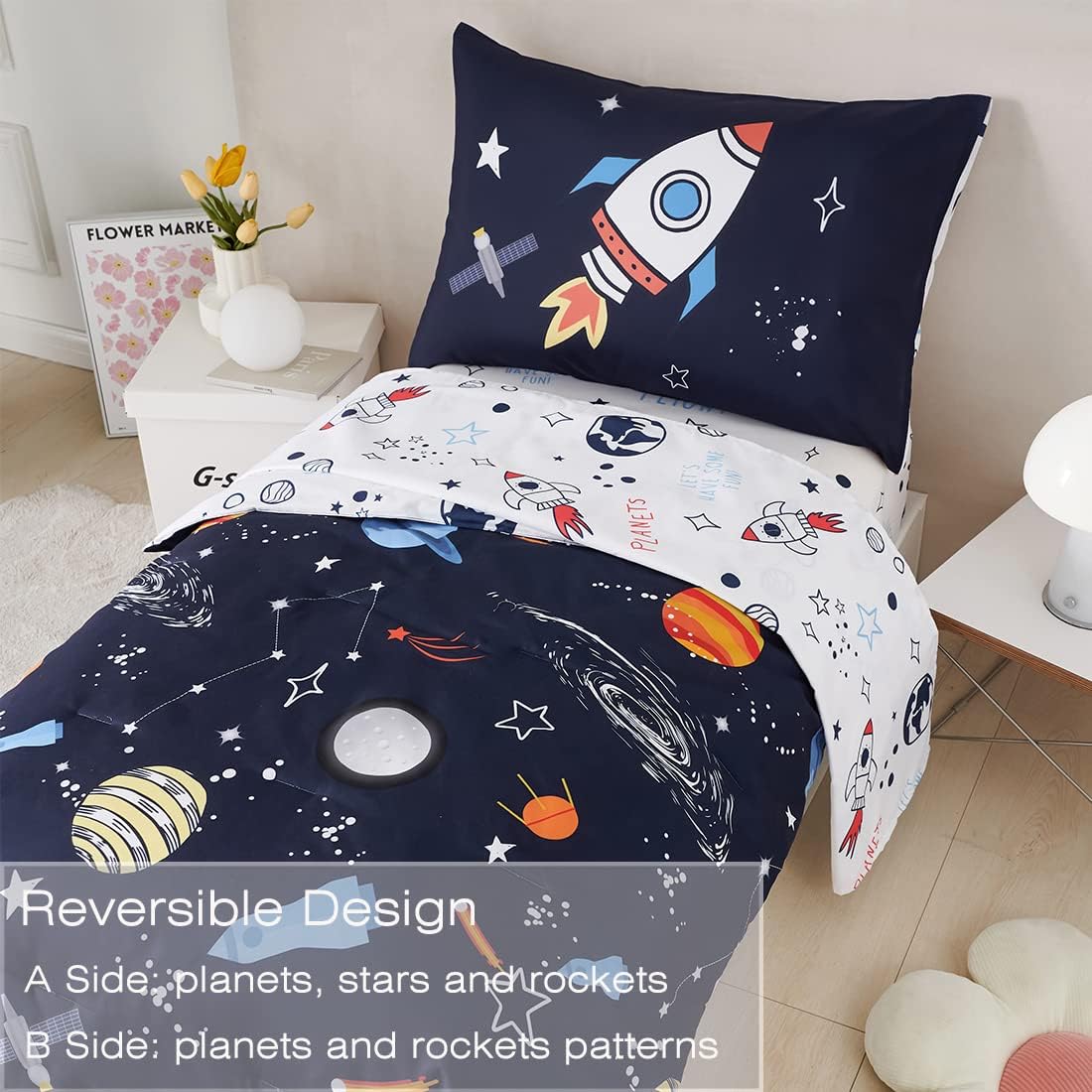 PERFEMET Twin Comforter Set 4 Piece Kids Space Rockets Comforter Bed in A Bag Soft Reversible Dark Blue Outer Space Themed Bed Set(Dark Blue, Planet/Rocket)