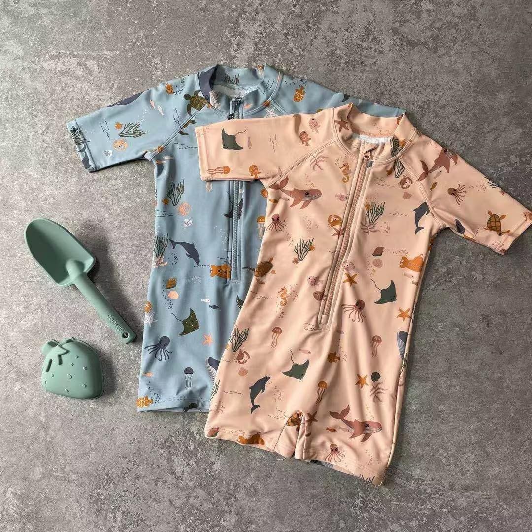 Boys One Piece Swimsuit Whale Dolphin Bathing Suit Zipper Rash Guard Kid Short Sleeve Swimwear Shark Beach Wear UPF50+