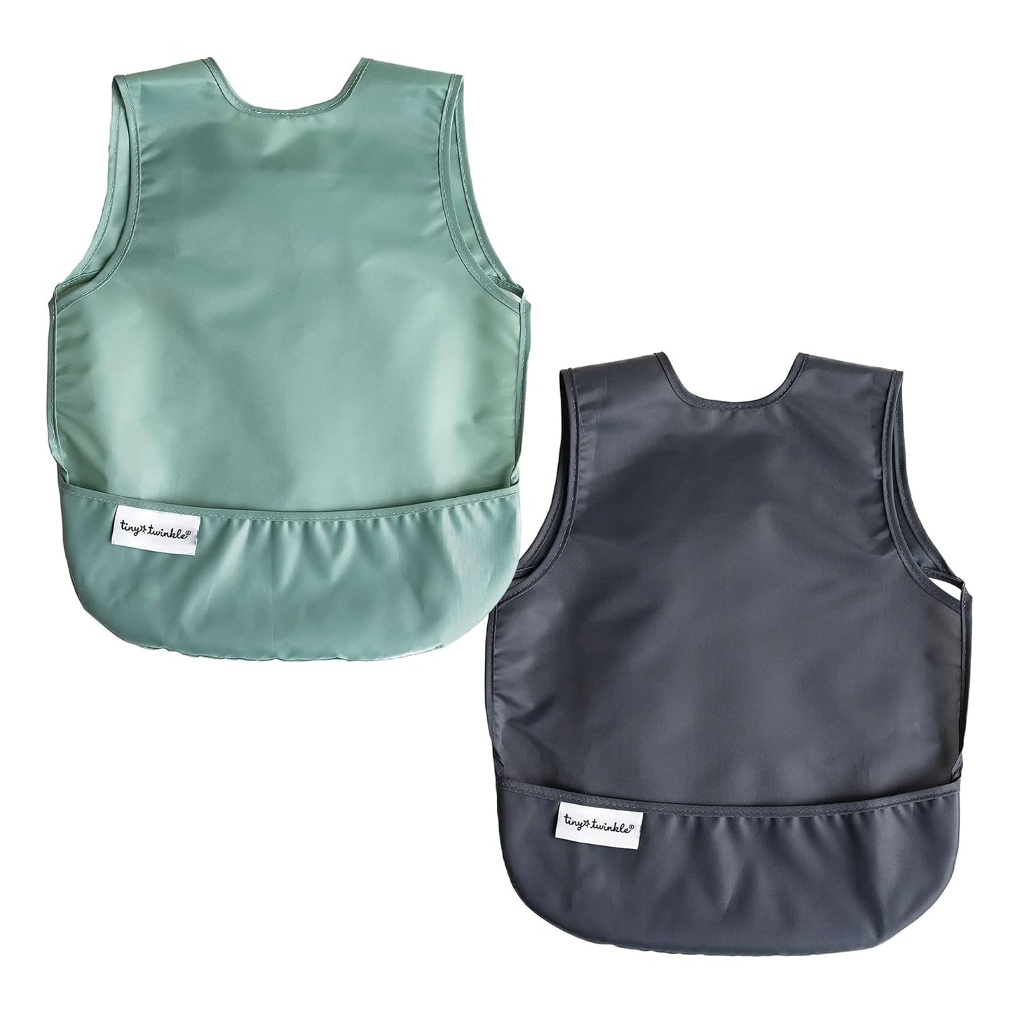 Tiny Twinkle Mess Proof Apron Bibs - 2 Pack Waterproof & Lightweight Baby Bibs for Led Weaning | 100% Recycled Polyester, Easy Clean & Machine Washable (Sage Charcoal,Small 6-24 Months)