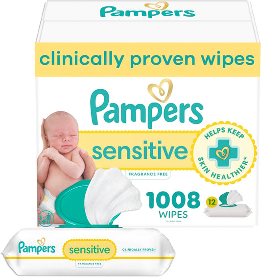 Pampers Baby Wipes, Sensitive, Water Based Wipe, Clinically Proven, Hypoallergenic, and Unscented for Babies, 1008 Wipes Total (12 Flip-Top Packs) [Packaging May Vary]