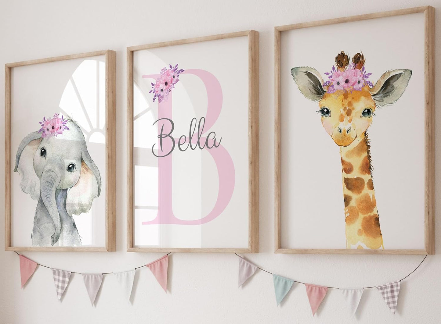 Personalized Safari Animals for Baby Girls Nursery, Set of 3 Unframed Poster Prints, Personalized Name Pink Lilac Floral, Girls Bedroom Decor, Elephant Giraffe (17x22)