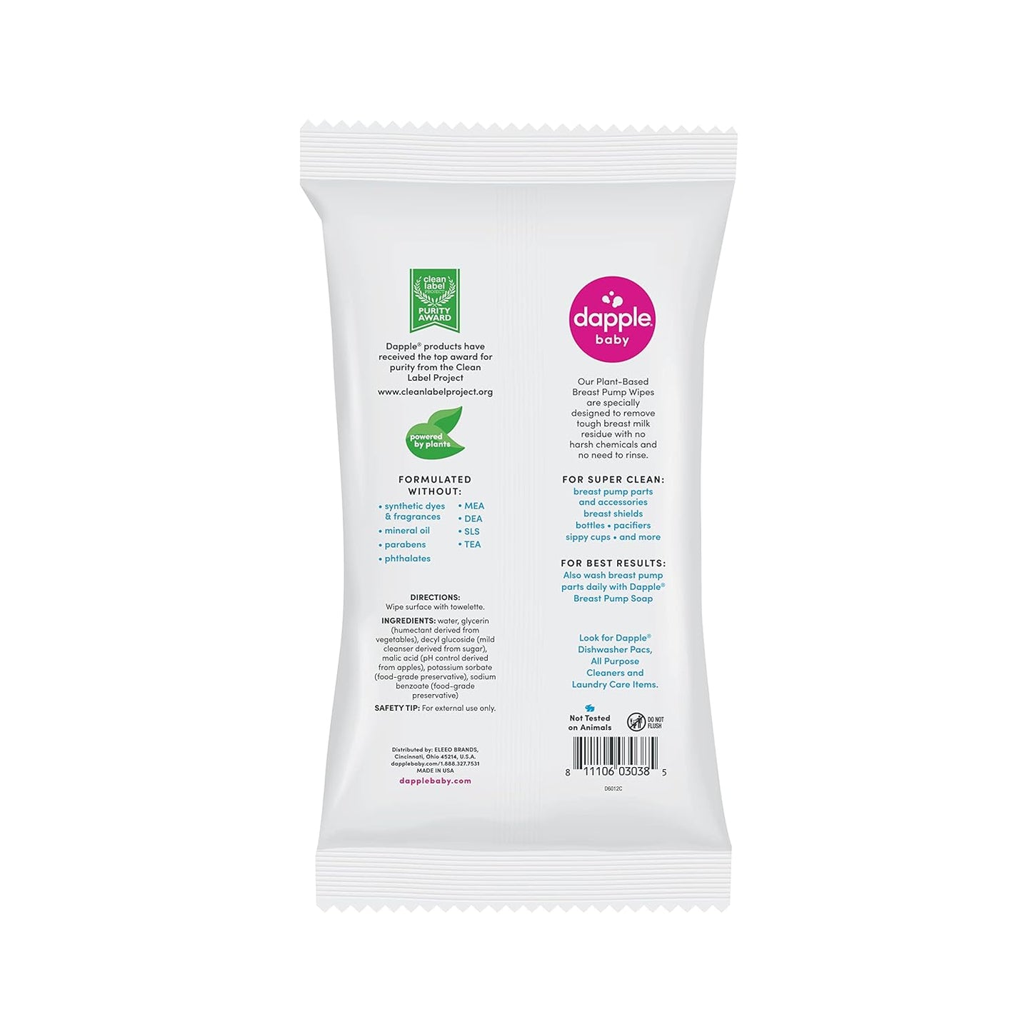 Dapple Breast Pump Wipes, Powered by Plants, Hypoallergenic, Removes Milk Residue, Fragrance Free, Convenient Wipes Pouch, 25 Count (2 Pack)