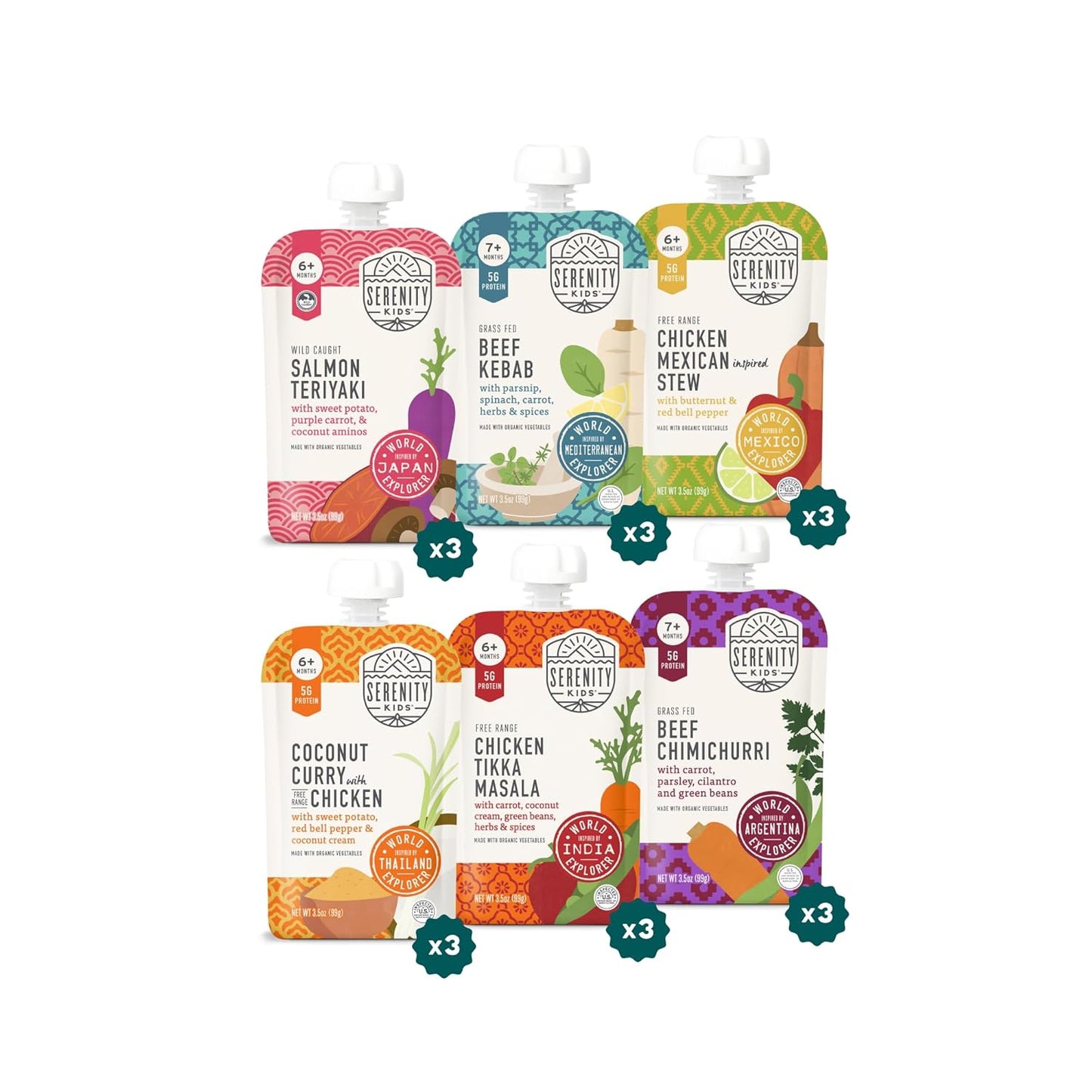 Serenity Kids 7+ Months World Explorers Baby Food Pouches - Puree With Ethically Sourced Meats & Organic Veggies - BPA-Free Organic Baby Food - 3.5 Oz, 18 Pack