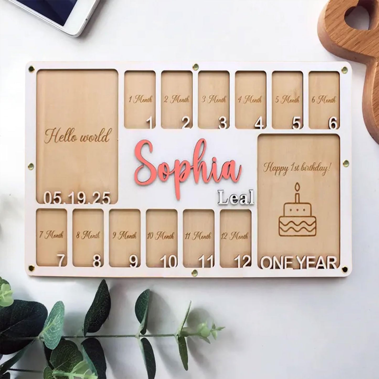 Personalized My First Year Photo Frame | Hello World To Birthday 12 Months Picture Frame For Baby First Year | Displays Two 4x6 Photo and Twelve 2x3 Pictures | Birthday Party Memory Keepsake