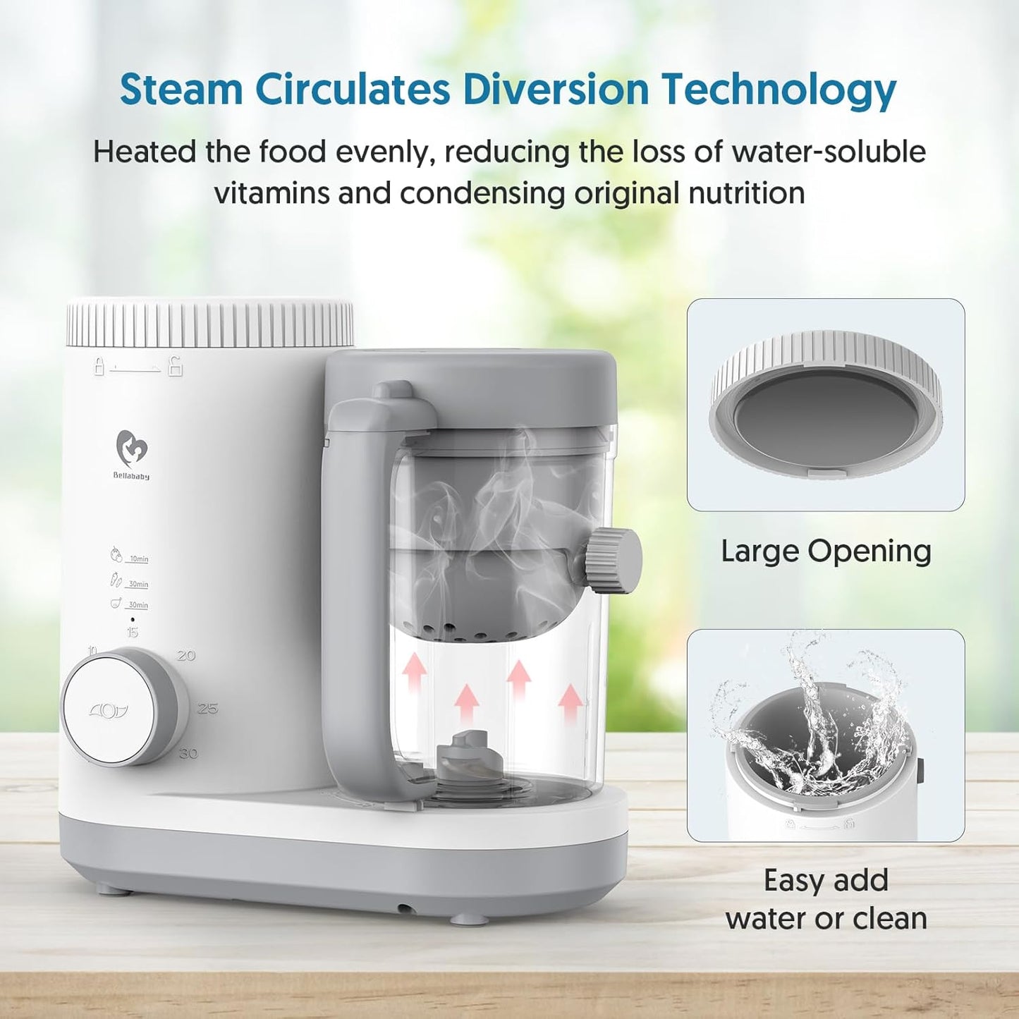 Baby Food Maker Bellababy Baby Food Processor, Puree Blender Steamer with Reversible Steam Basket, One Button Easy Operation & Large Opening for Easy Cleaning