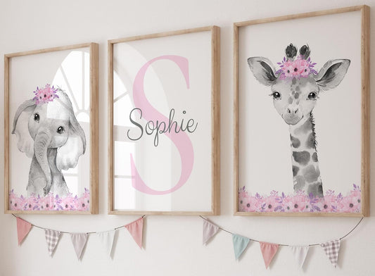 Safari Animals Girls Nursery Bedroom Unframed Set of 3 Poster Prints, Personalized Name Pink or Purple Flowers Wall Art Decor New Baby Gift Present, Elephant Giraffe Panda Zebra Lion (12x16)