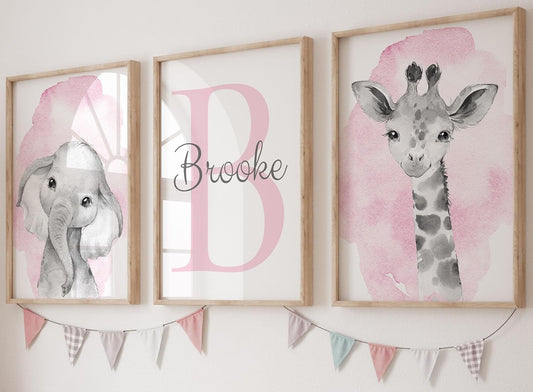 Safari Animals Set of 3 Unframed Poster Prints for Baby Girls Nursery Bedroom Playroom, Personalized Name, Choice of 12 Animals, Pink Purple (9x12)
