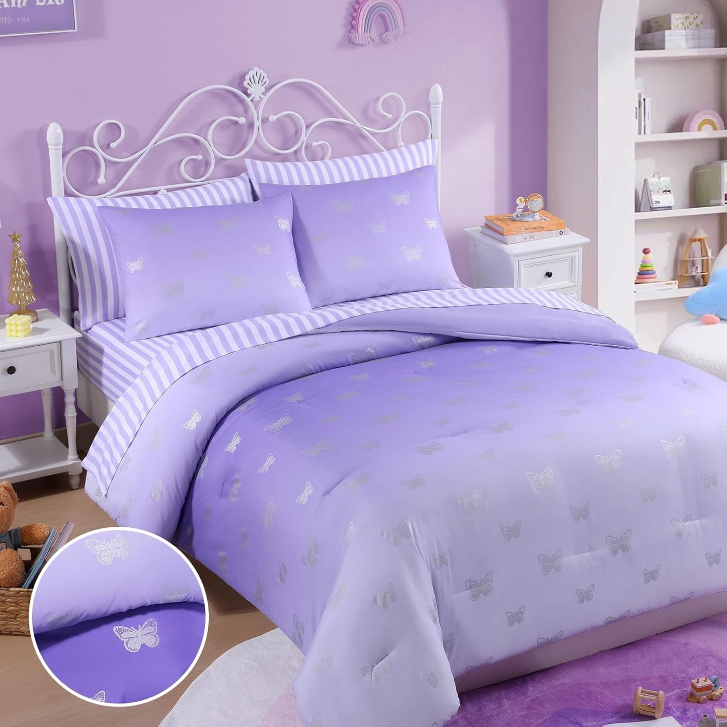 Twin Comforter Set with Sheets for Girls-5 Pieces Twin Bedding Sets with Purple Comforter, Sheets, Pillowcase & Sham for Kids (Purple Butterfly, 66" X 86")