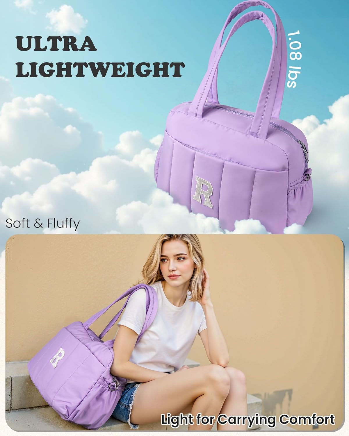 Initial Duffle Bag, Carry On Bags for Women，Granddaughter Gifts-Overnight Bag with Wet Pocket，Lightweight Travel Bags Personalized Gym Tote with Makeup Pouch