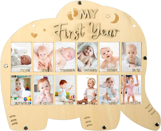 My First Year Picture Frame,One Year Of Photo Board, Baby's First Twelve Months Photo Collage and Gender Neutral Keepsake, Ideal for Baby Shower,New Mom Keepsake Gift and Nursery Decor - With Stand (Elephant sign)