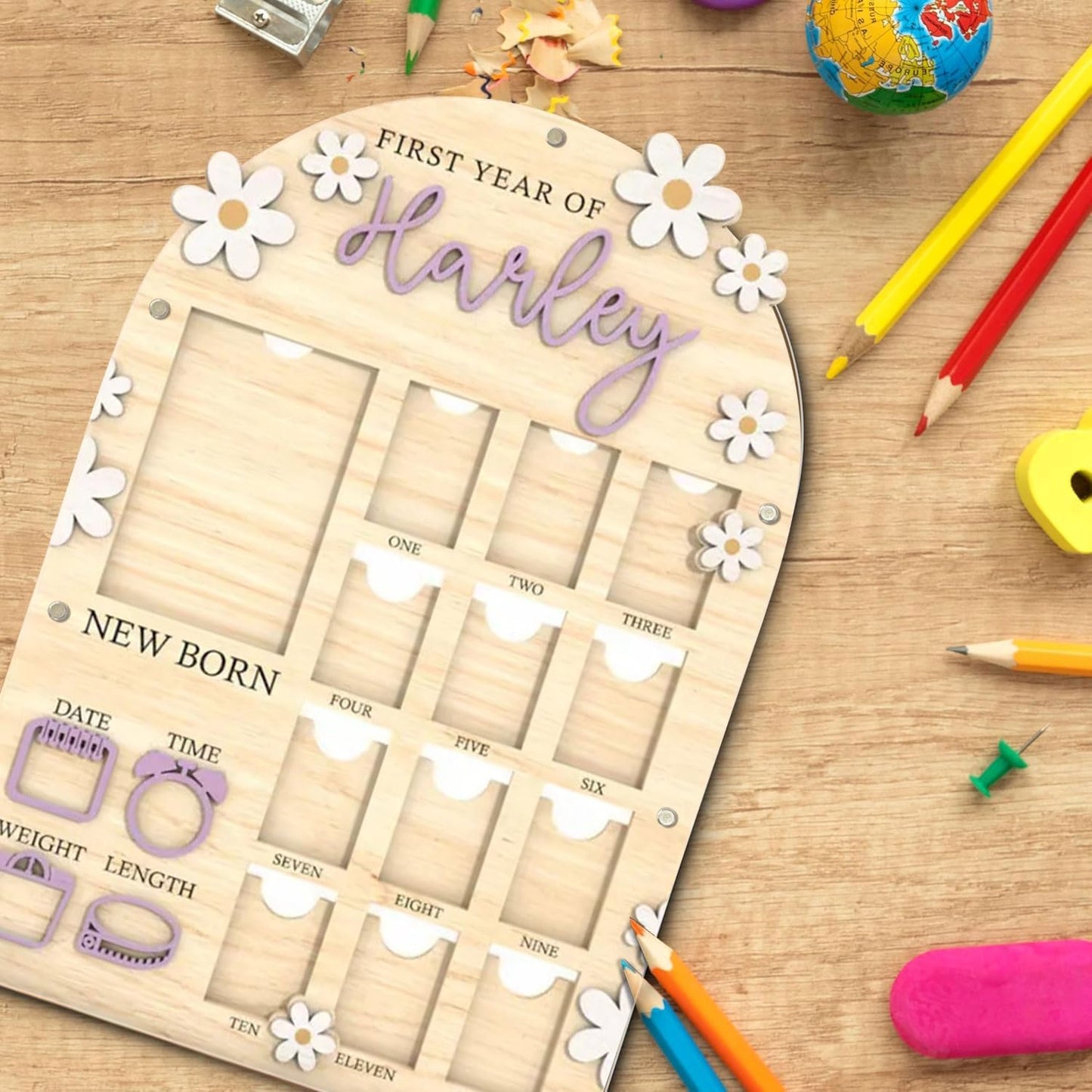 Personalized My First Year Photo Frame | 12 Months Picture Frame For Baby First Year | Displays One 4x6 Photo and Twelve 2x3 Pictures | Birthday Party Decor Newborn Memory Keepsake, Daisy Florals