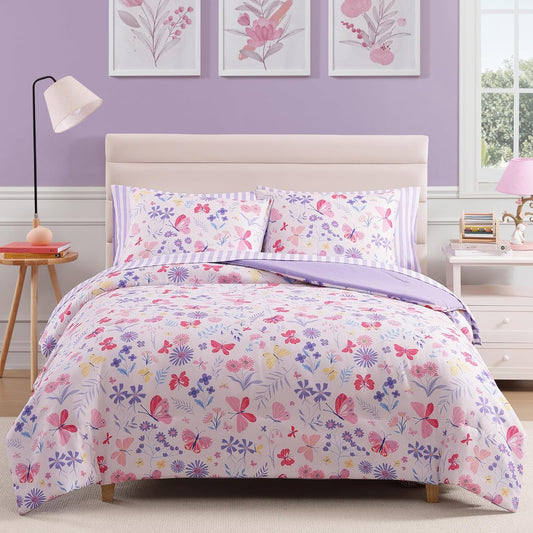 Queen Comforter Set with Sheets for Girls-7 Pieces Queen Bedding Sets with Pink Comforter, Sheets, Pillowcases & Shams for Kids (Cute Botanical Flowers, 90" X 90")