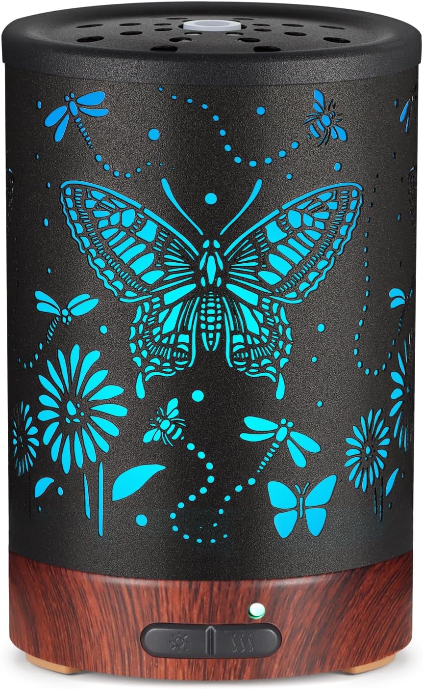 Metal Essential Oils Diffuser 150ML Christmas Aromatherapy Diffuser Cool Mist Humidifier with 7 Colors Lights Waterless Auto Off Air Diffusers as Gifts for Mom(Butterfly)