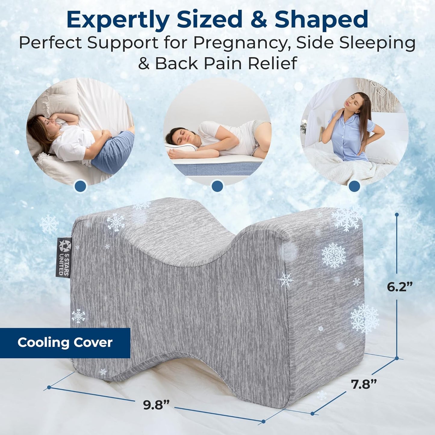 5 STARS UNITED Knee Pillow for Side Sleepers - Hip Pain Relief - Cooling Cover - Memory Foam Leg Cushion for Side Sleeping - Between Legs Pillow for Sciatica & Lower Back Pain, Arctic Gray
