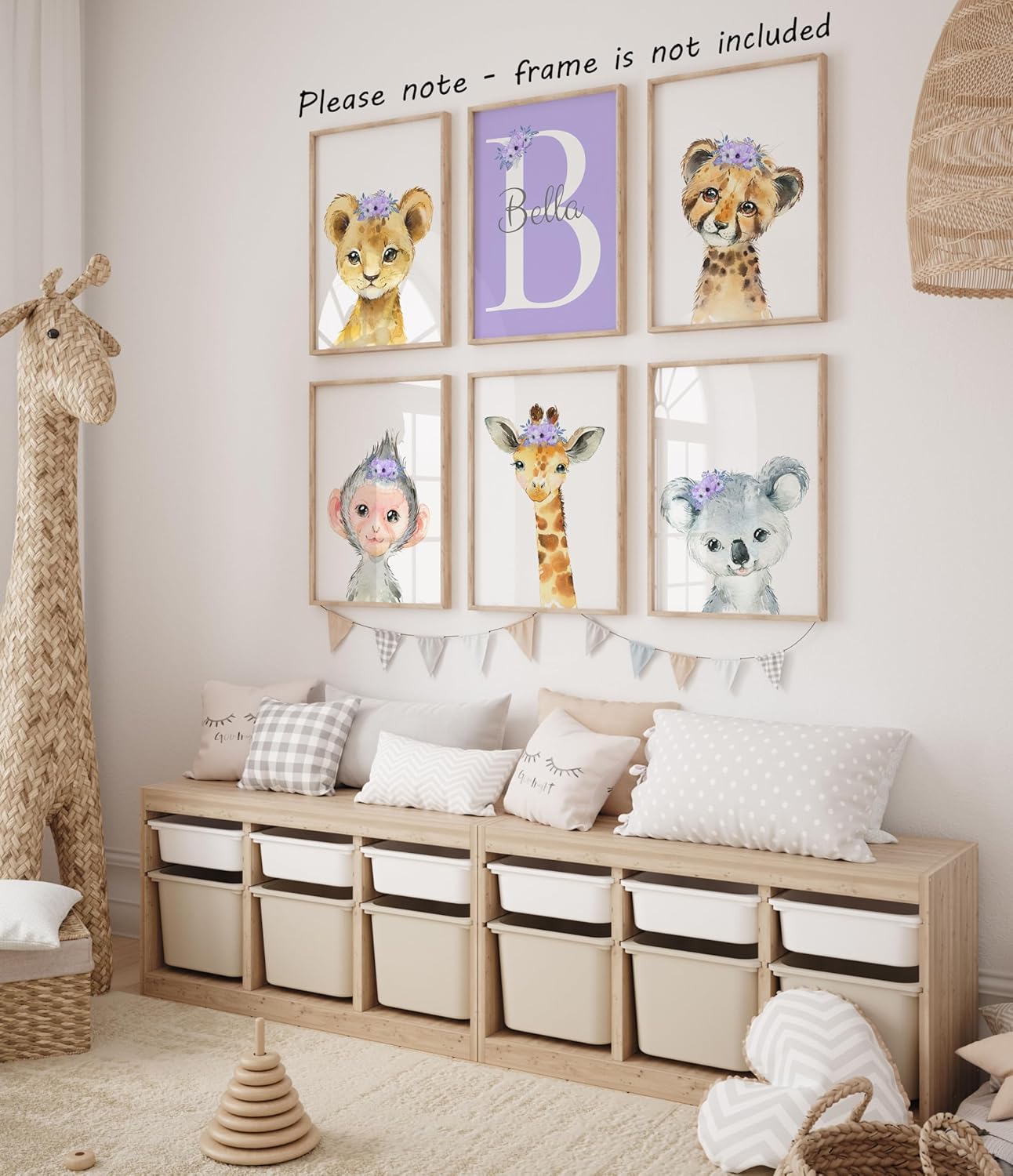Personalized Safari Animals for Baby Girls Nursery, Set of 6 Unframed Poster Prints, Personalized Name Pink Lilac Floral, Girls Bedroom Decor, Elephant Giraffe (12x16)