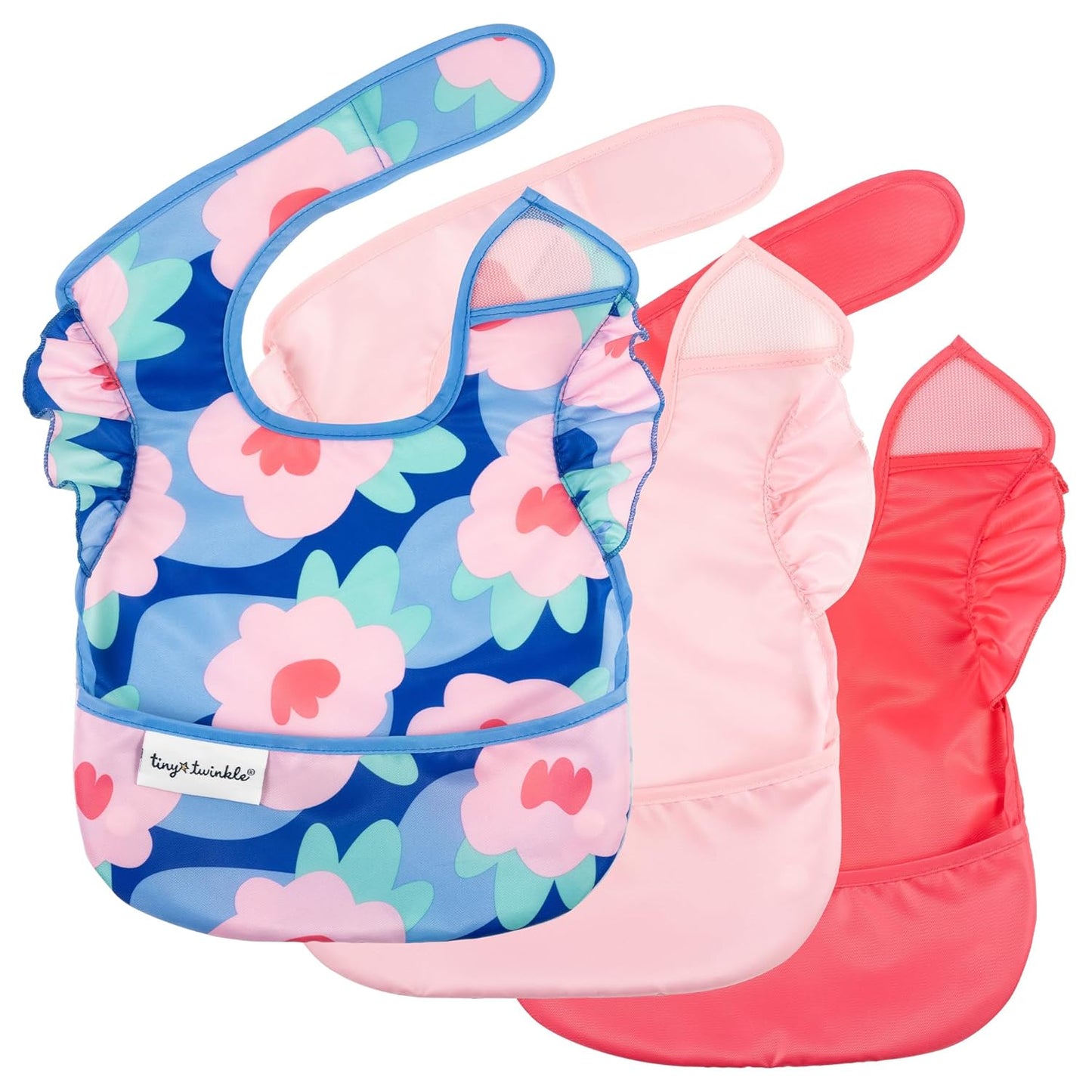 Tiny Twinkle Mess Proof Baby Bibs for Eating - Waterproof, Wipeable Bibs - Toddler Bibs - Travel Friendly - PFAS, PVC, BPA, Phthalate Free - Baby Food Bibs(3 Pack,Blue Floral)