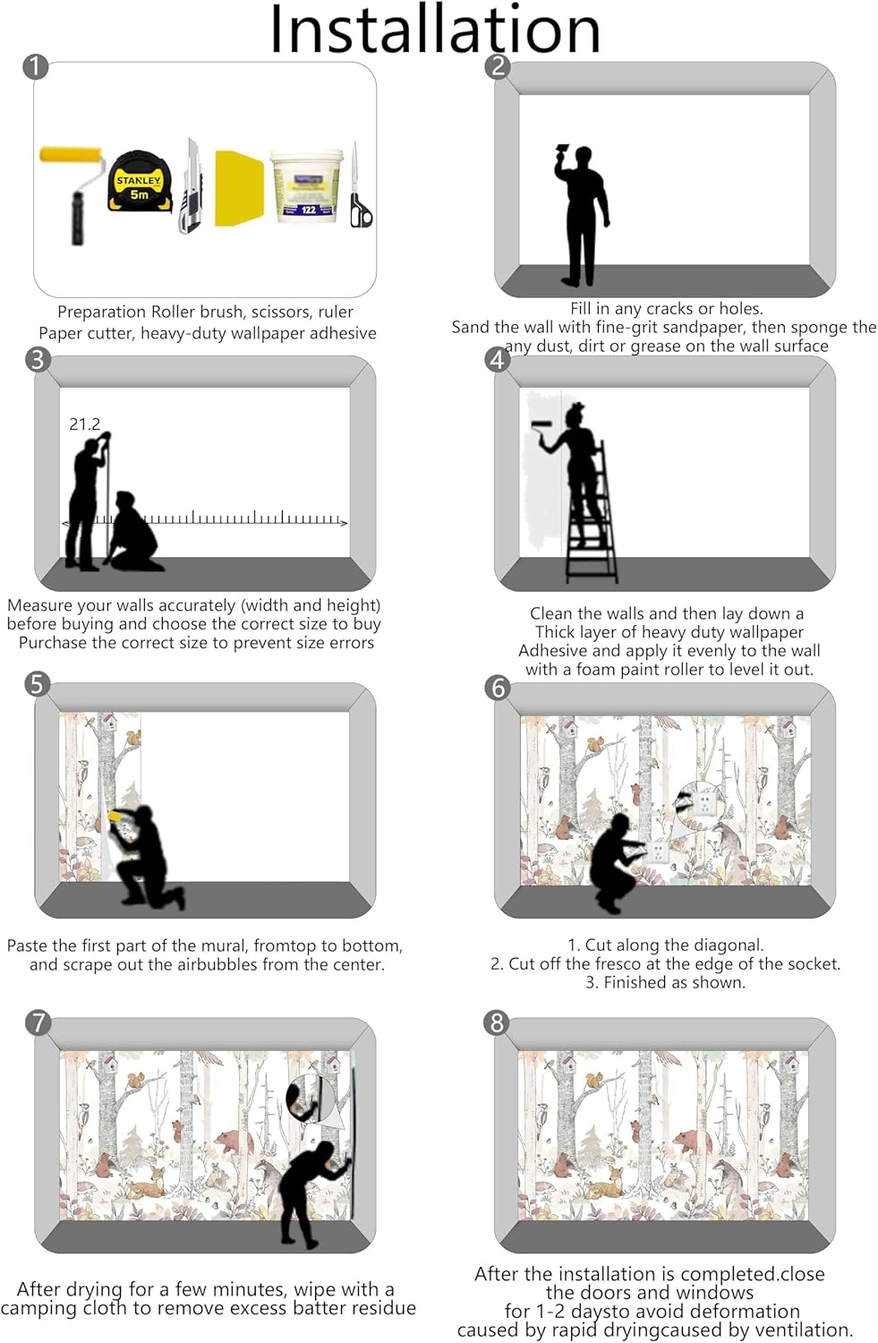 Watercolor Birch Tree Forest Wallpaper Woodland Animal Wall Mural for Kids Bedroom Nursery Room Living Room(Not Self-Adhesive)