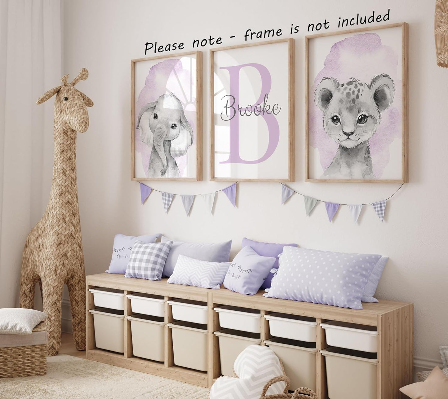 Safari Animals Set of 3 Unframed Poster Prints for Baby Girls Nursery Bedroom Playroom, Personalized Name, Choice of 12 Animals, Pink Purple (9x12)