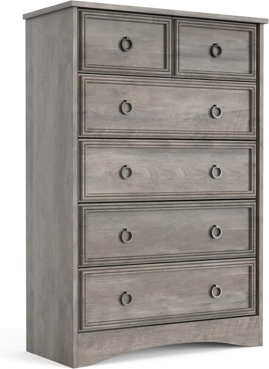 LGHM Modern 6 Drawer Dresser, Dressers for Bedroom, 44.33" Tall Chest of Drawers Closet Organizers & Storage Clothes - Easy Pull Handle, Textured Borders Living Room, Hallway, Gray