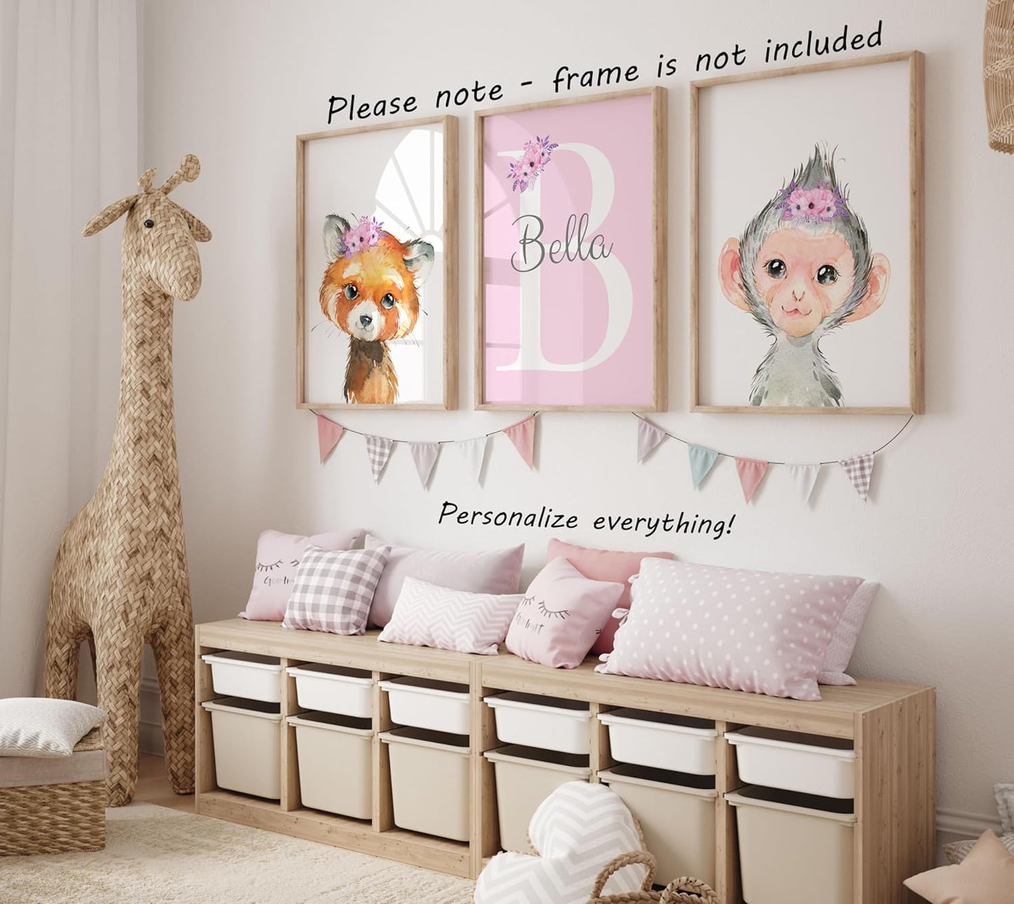 Personalized Safari Animals for Baby Girls Nursery, Set of 3 Unframed Poster Prints, Personalized Name Pink Lilac Floral, Girls Bedroom Decor, Elephant Giraffe (11x14)