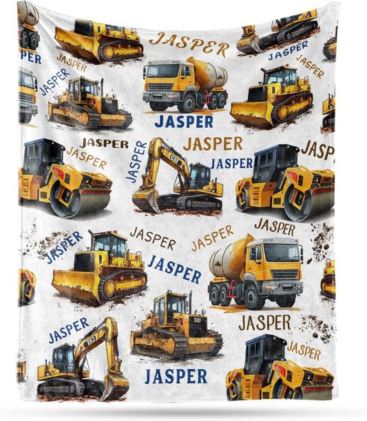 Ship Next Day, Personalized Truck Blanket - Printed in USA, Custom Name Blankets for Kids with Engineering Vehicle, Home Bedding Bed Decor, Fun Birthday Gift for Boys&Girls Women Man