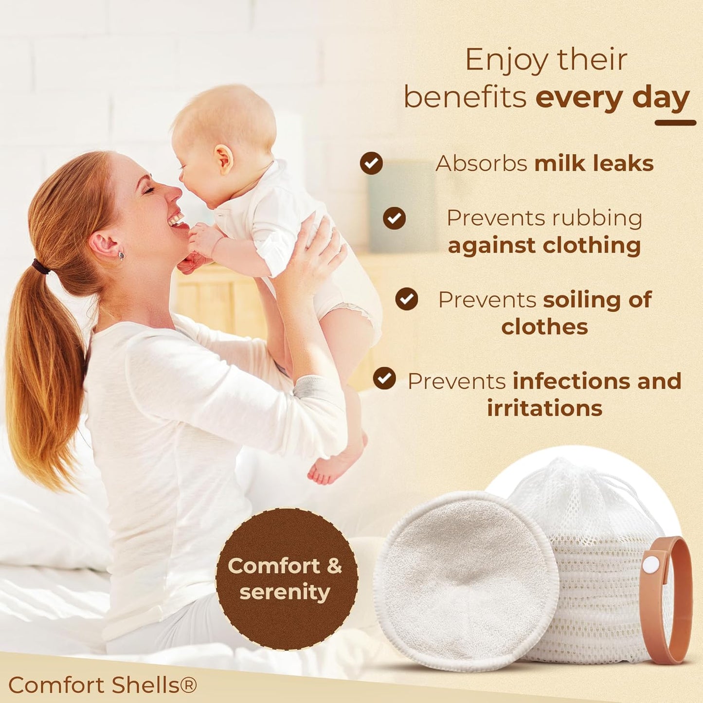 Comfort Shells® Reusable Nursing Pads – 14 Pack Ultra Soft Breast Pads + Laundry Bag + Nursing Clip Bracelet – Washable, Hypoallergenic – Absorbs Breast Milk Leaks