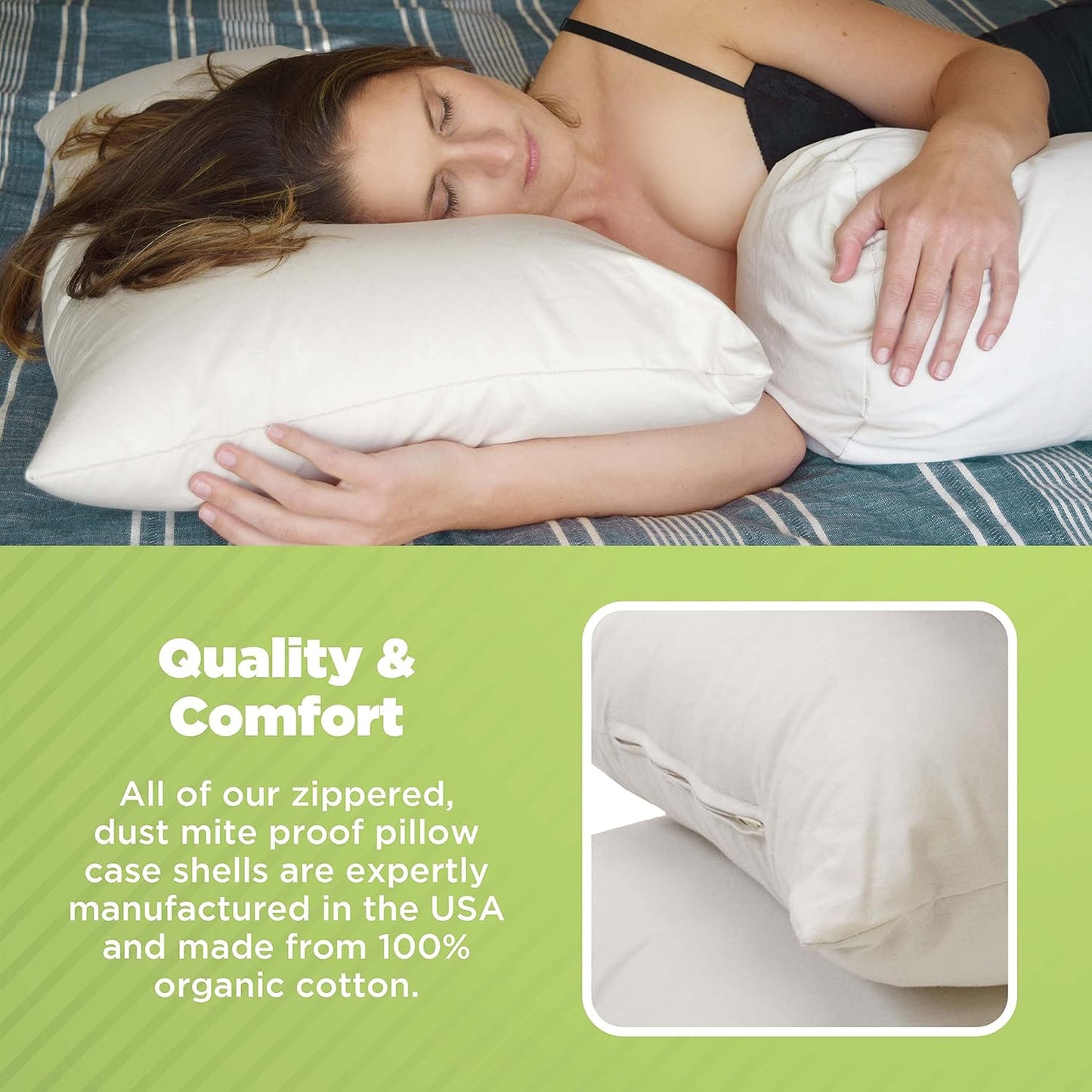 Bean Products Kapok 20" x 30" Queen Pillow - Breathable, Eco-Friendly and Durable Organic Cotton Fabric Bed Pillow - Soft and Supportive Pillow for Sleeping, Made in The USA
