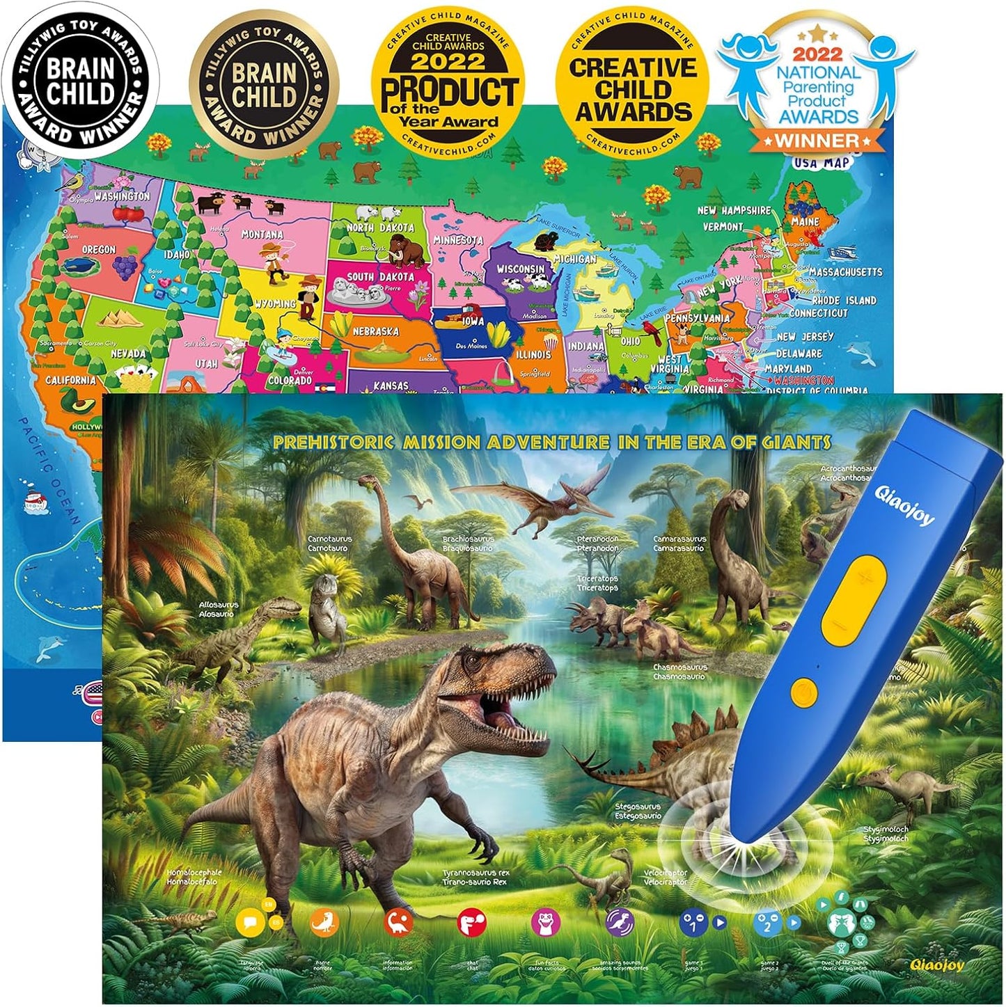 Bilingual Interactive for Kids Talking USA Map Dinosaur Poster for Kids Learning and Educational Toys,Talking Educational Dinosaur Toy for Ages 3 to 12 Years Old,Learning Chart for Preschool/Gift