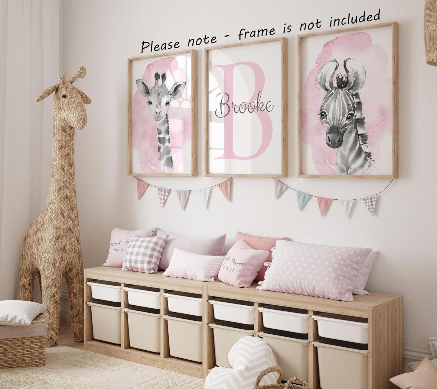 Safari Animals Set of 3 Unframed Poster Prints for Baby Girls Nursery Bedroom Playroom, Personalized Name, Choice of 12 Animals, Pink Purple (12x16)