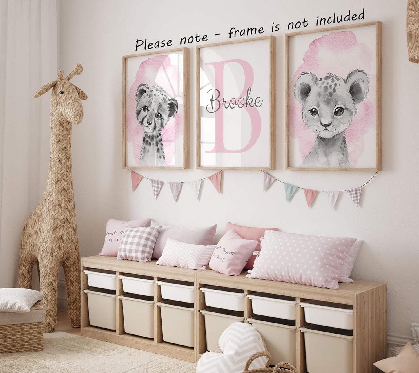 Safari Animals Set of 3 Unframed Poster Prints for Baby Girls Nursery Bedroom Playroom, Personalized Name, Choice of 12 Animals, Pink Purple (8x10)