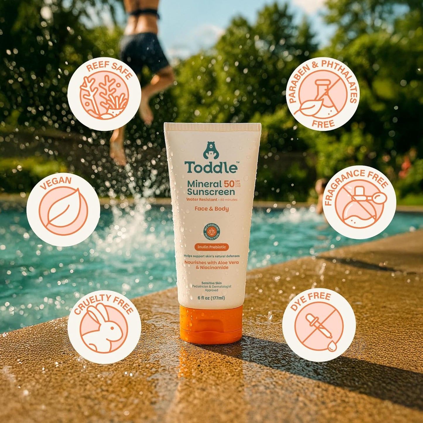 Prebiotic Mineral Sunscreen SPF 50 for Kids & Baby, Face & Body Sun Protection, Reef Safe, Non-Toxic Zinc Oxide Broad Spectrum, Water-Resistant, No White Cast, Travel Size 1.7oz