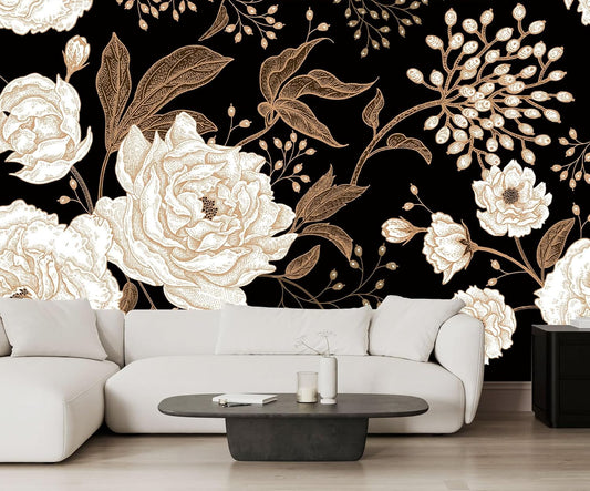 Vintage White Rose Floral Wallpaper Peony Wall Mural Large Black Background Wall Decor for Living Room Bedroom Dining Room Basement(Not Self-Adhesive)