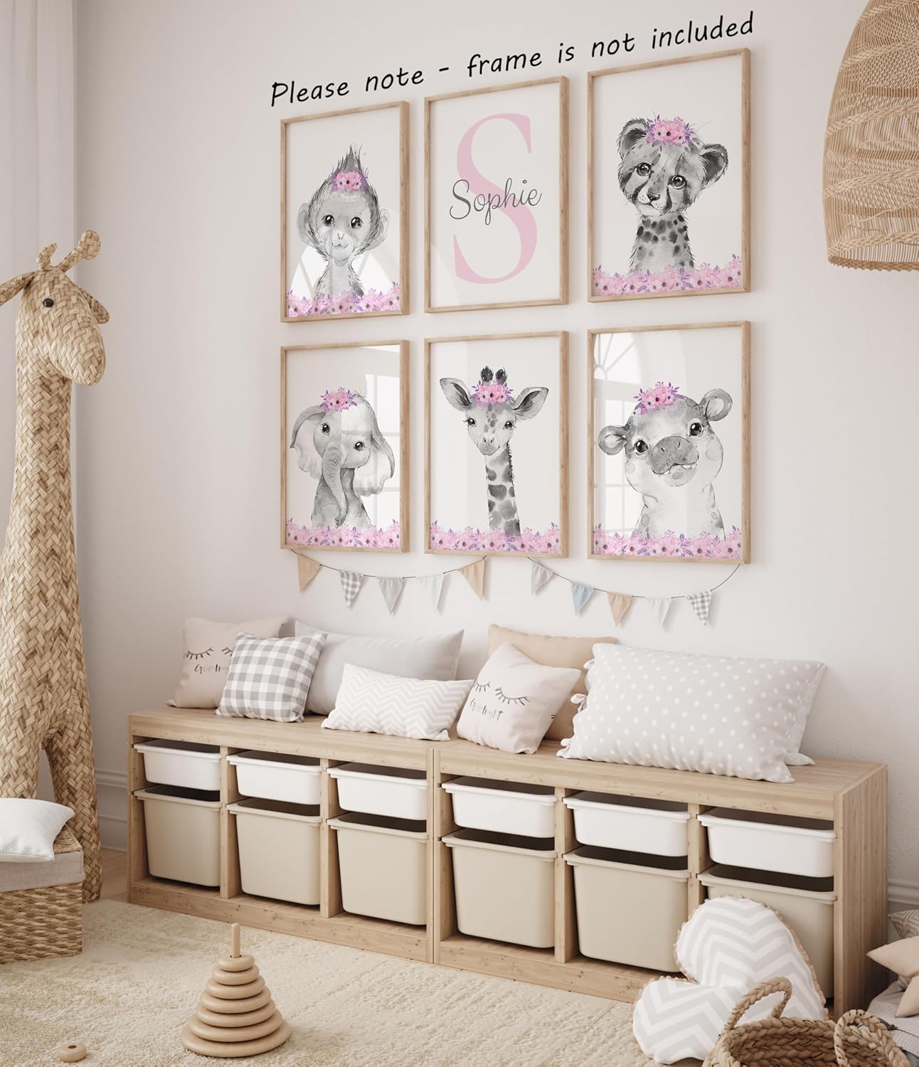 Personalized Safari Animals for Baby Girls Nursery Bedroom Unframed Set of 6 Poster Prints, Personalized Name Pink Purple Flowers Wall Art Decor New Baby Gift Present, Elephant Giraffe Panda Zebra Lion (11x14)