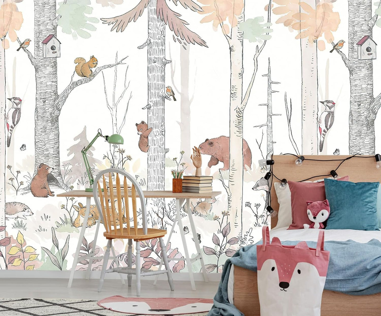 Watercolor Birch Tree Forest Wallpaper Woodland Animal Wall Mural for Kids Bedroom Nursery Room Living Room(Not Self-Adhesive)