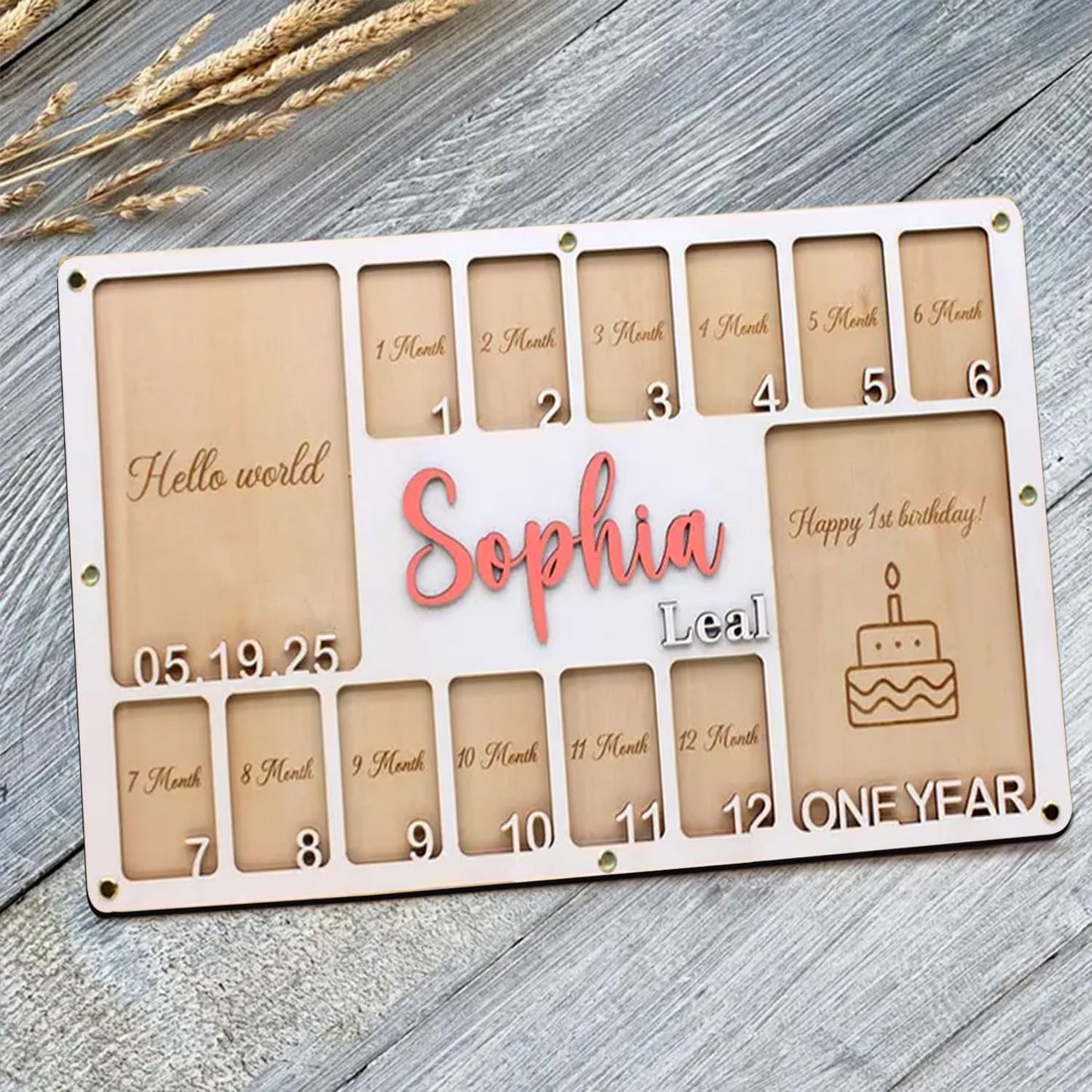 Personalized My First Year Photo Frame | Hello World To Birthday 12 Months Picture Frame For Baby First Year | Displays Two 4x6 Photo and Twelve 2x3 Pictures | Birthday Party Memory Keepsake