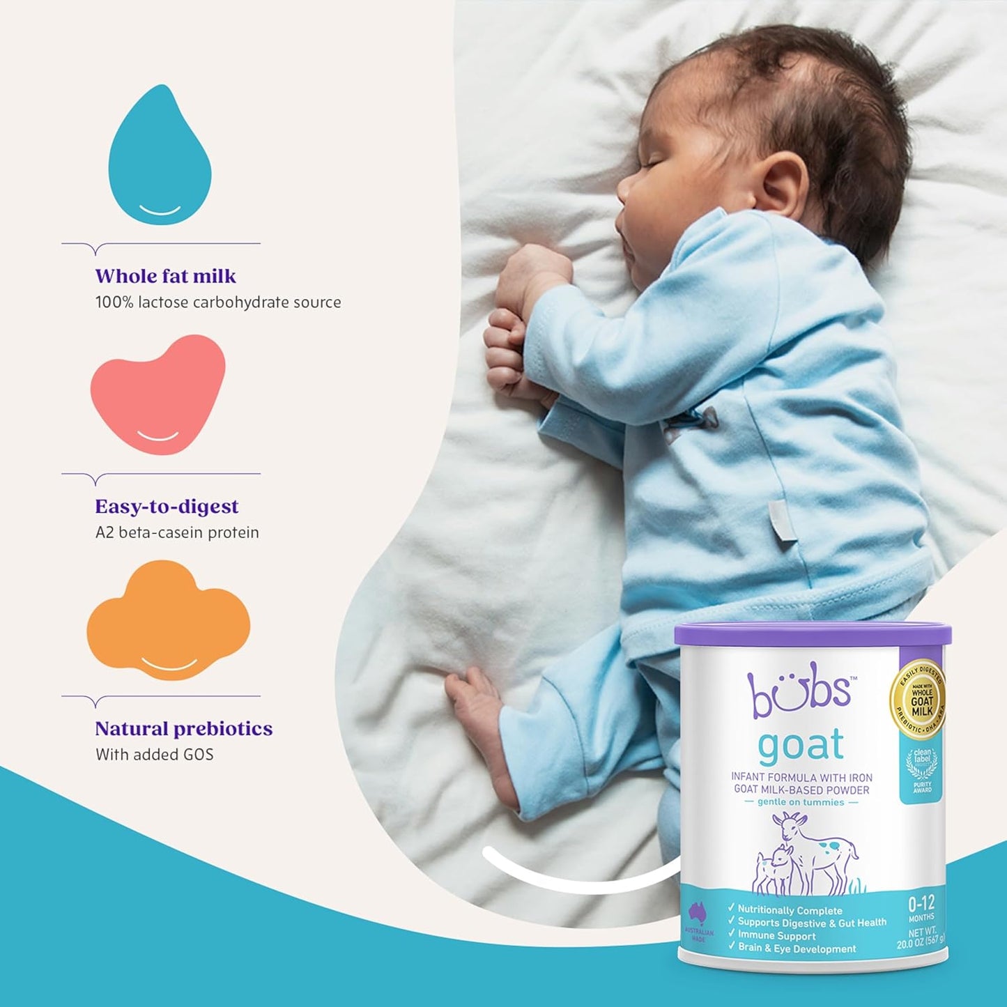 Bubs Whole Goat Milk Formula with Iron, Goat Milk-Based Powder, for Infants 0-12 Months, Made with Non-GMO Goat Milk, 20 oz