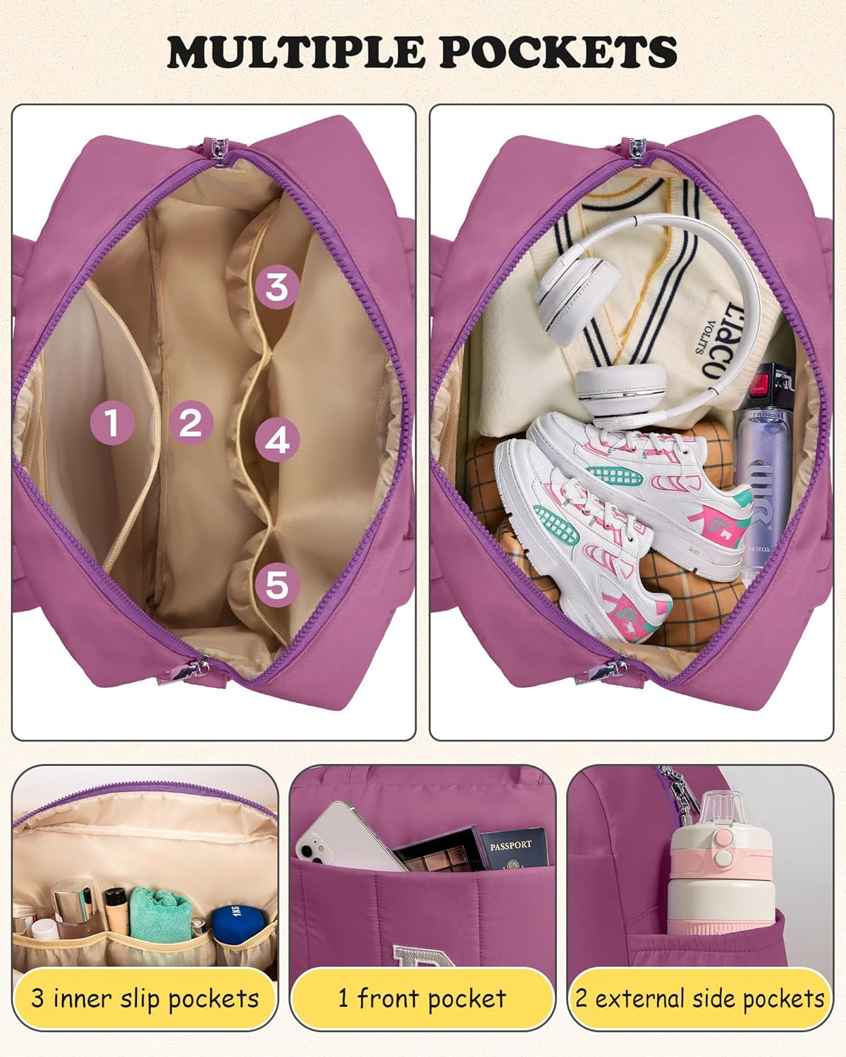 Duffle Bag with Initial, Spend The Night Bags for Women，Overnight Bag with Wet Pocket，Lightweight Stuff for Girls Travel Bags Personalized Gym Tote with Makeup Pouch