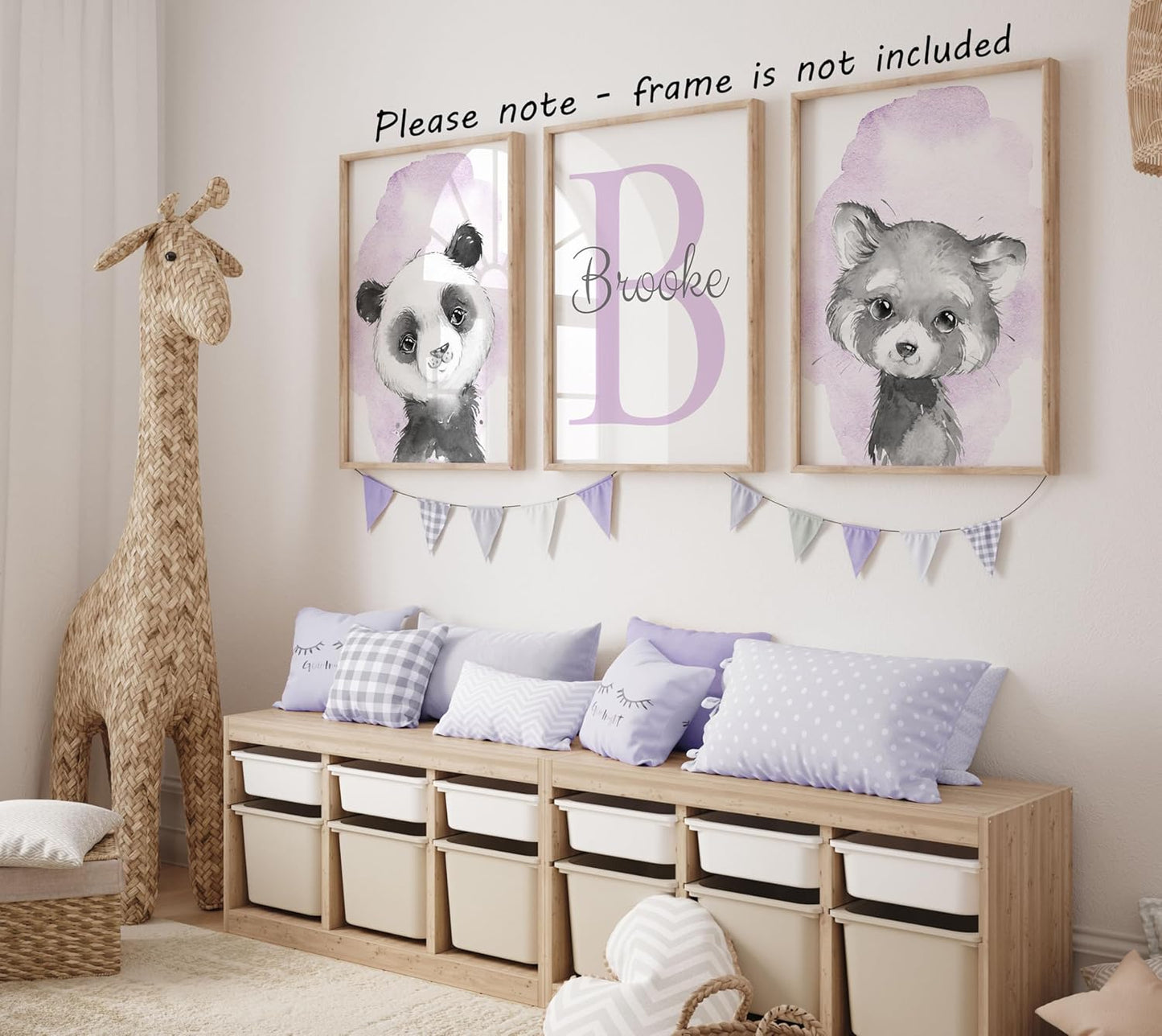 Safari Animals Set of 3 Unframed Poster Prints for Baby Girls Nursery Bedroom Playroom, Personalized Name, Choice of 12 Animals, Pink Purple (12x16)