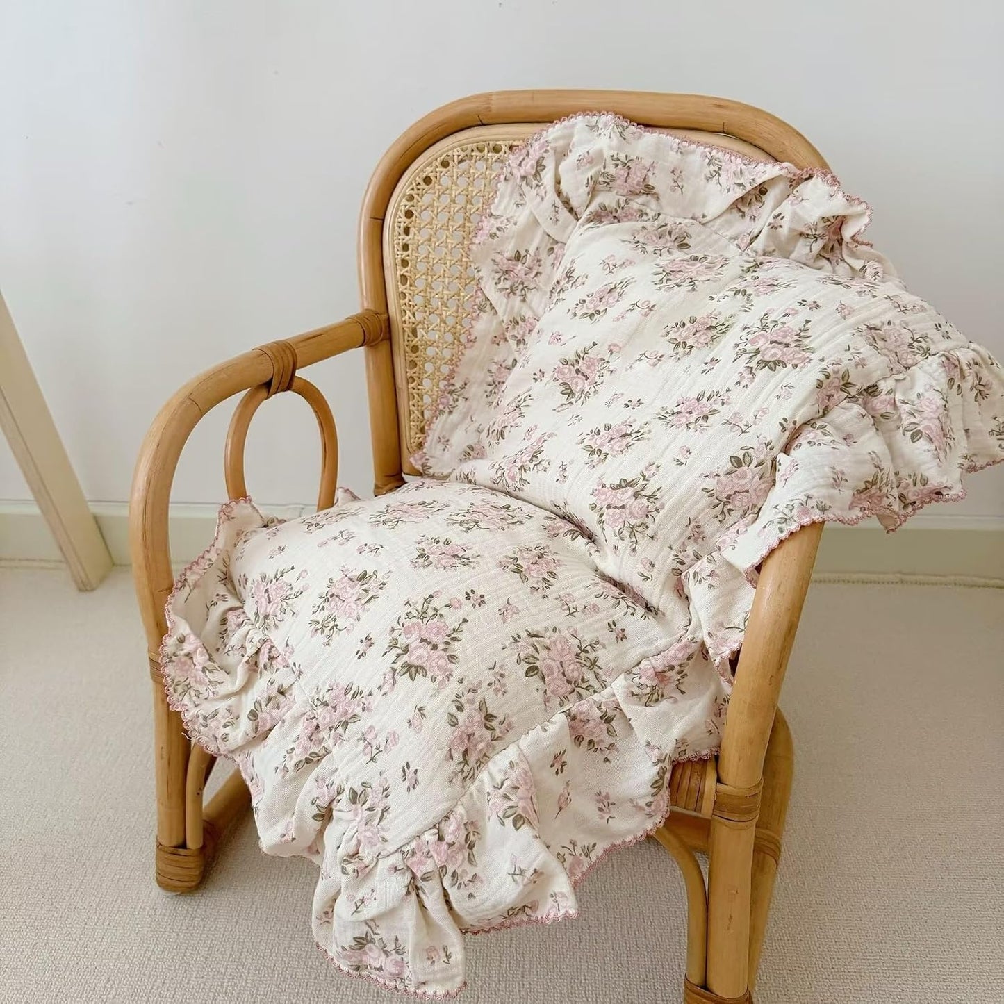 BuLuTu Cotton Muslin King Pillow Case, Chic Shabby Pink Floral Print Pillowcase for Teens Adults Children, French Country Ruffled Edges Pillow Cases,20x36 inch, 1 Piece, Pink Peony