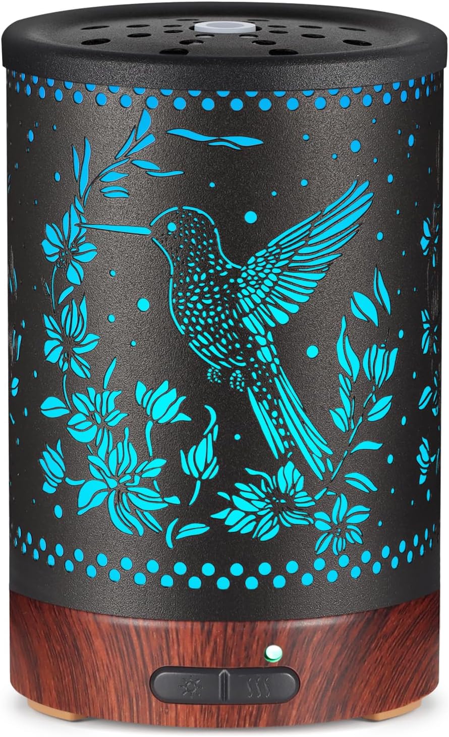 Metal Essential Oils Diffuser 150ML Aromatherapy Diffuser Cool Mist Humidifier with 7 Colors Lights Waterless Auto Off Air Diffusers as Gifts for Moms Women Girls (E-Hummingbird)