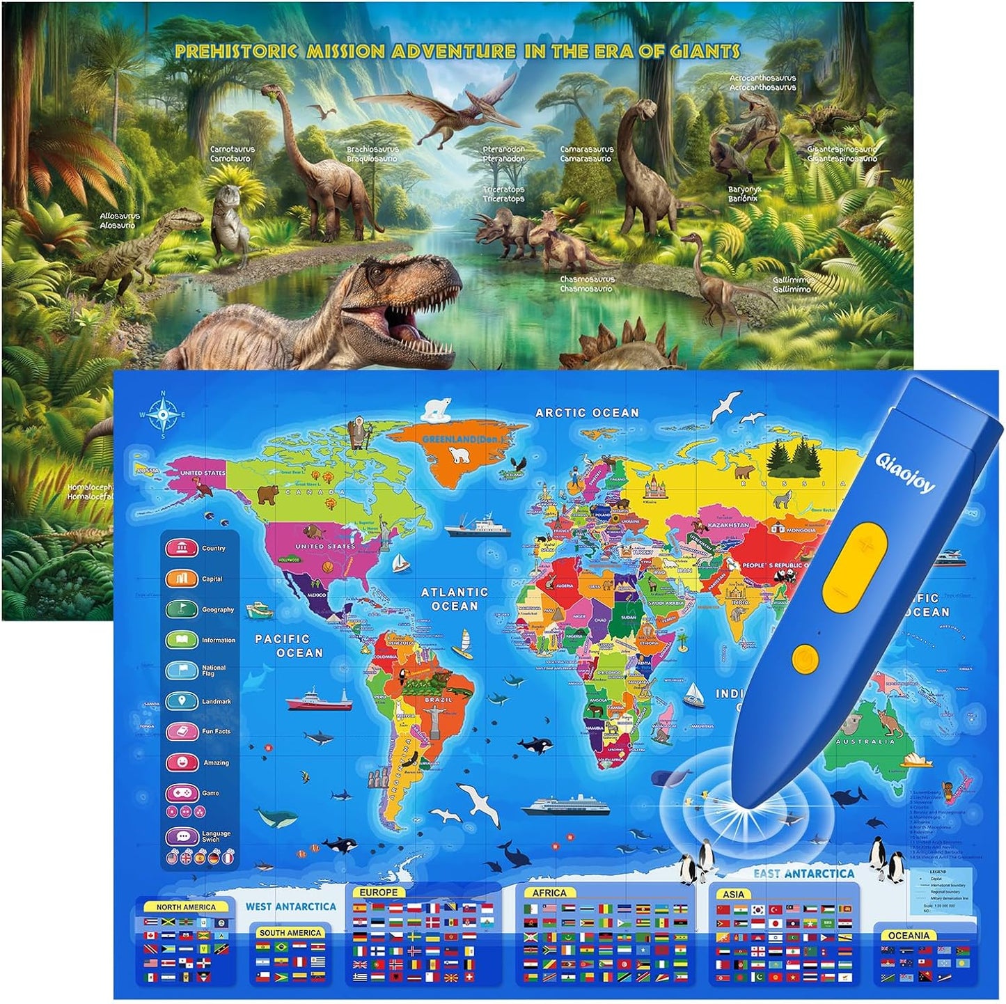 Bilingual Interactive Kids Talking World Map & Dinosaur Poster for Kids Learning and Educational Toys, Talking Educational Toys for 3 to 12 Years Old Girls/Boys, Preschool Learning Chart